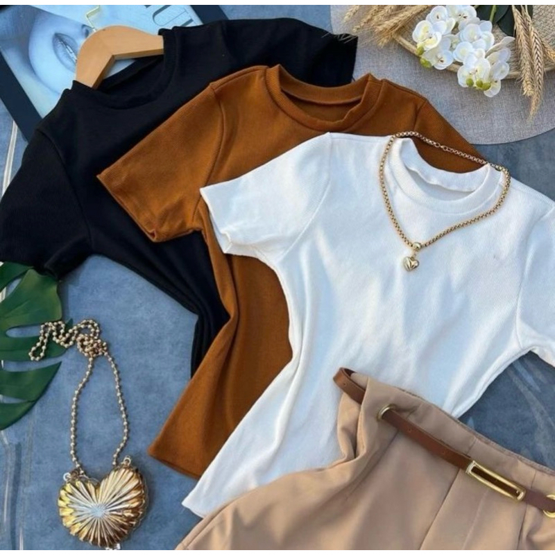 Baby look ribana canelada de ótima qualidade gola redonda manga curta sem bojo camiseta básica casual feminina listrada lisa