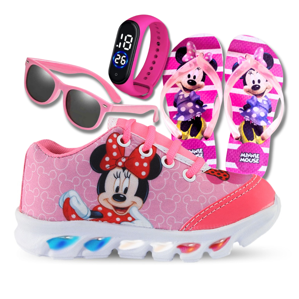 Kit Tênis Minnie Menina Com Led Infantil Passeio Confortável + Chinelo,Relógio e Óculos presente dia das crianças em Oferta na Shopee