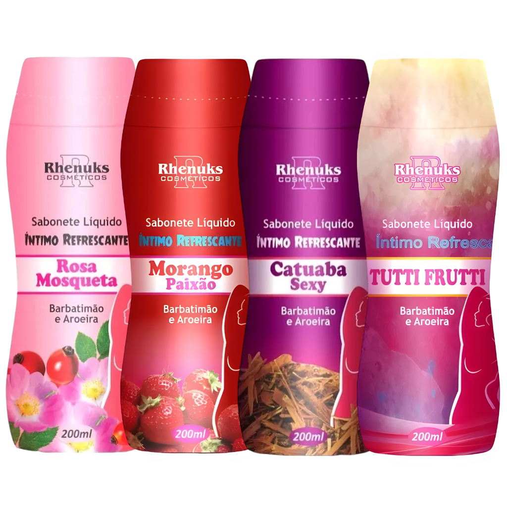 Kit 4 Sabonete Íntimo Rosa Mosqueta - Morango - Catuaba - Tutti Frutti - 200ml Cada