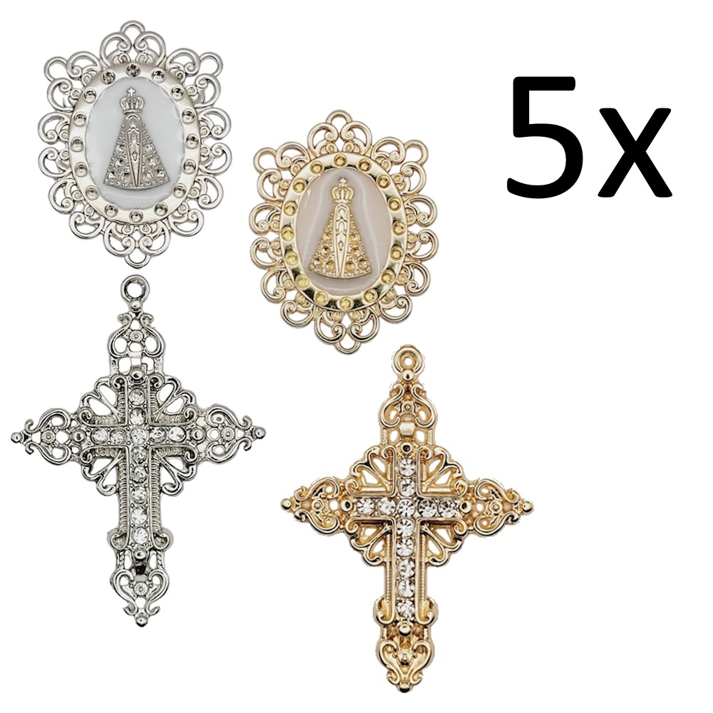 Kit de entremeios Nossa Senhora Aparecida dourado niquel e crucifixos com strass terços maravilhosos
