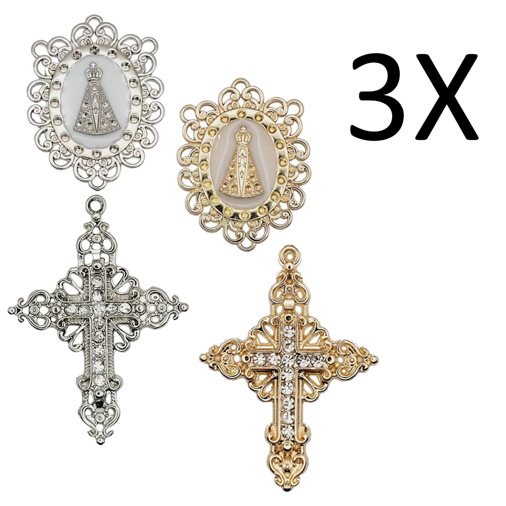 Kit de entremeios Nossa Senhora Aparecida dourado niquel e crucifixos com strass para terços lindos
