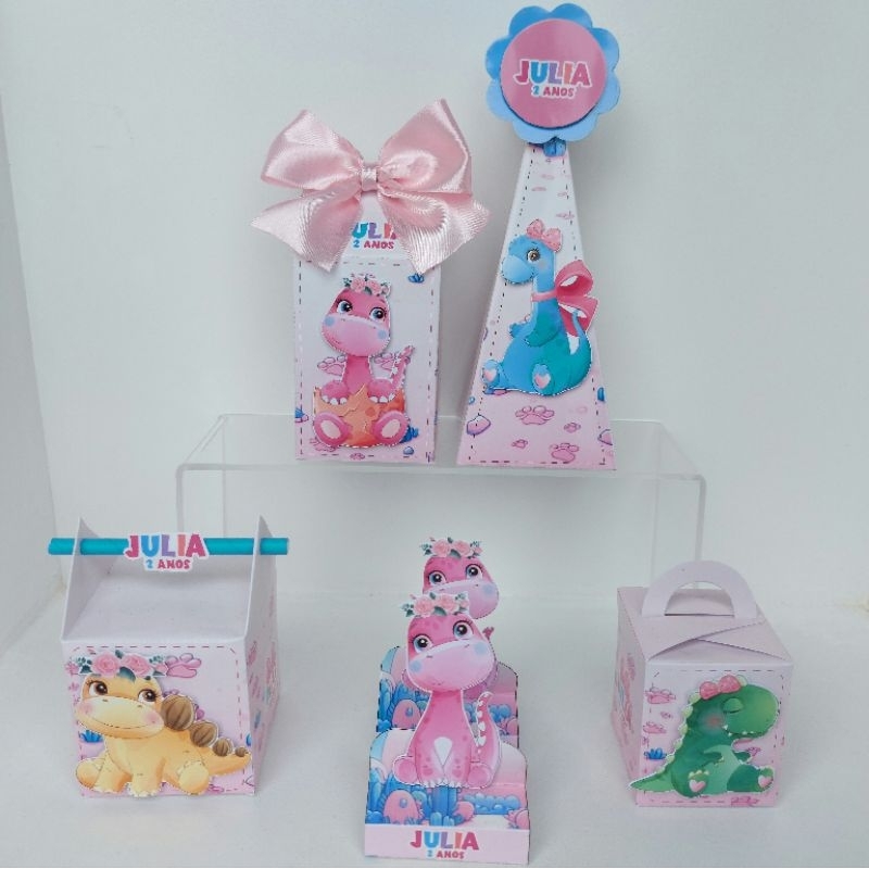 Kit Festa Clássico - Dino Menina - Festa Infantil - Lembrancinhas Personalizadas - Caixinhas Personalizadas - Papelaria Personalizada