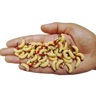 Kit Isca Artificial Larva Bicho Da Laranja Aromatizado com Anzol Chinu n°4  - Bege E Vermelho