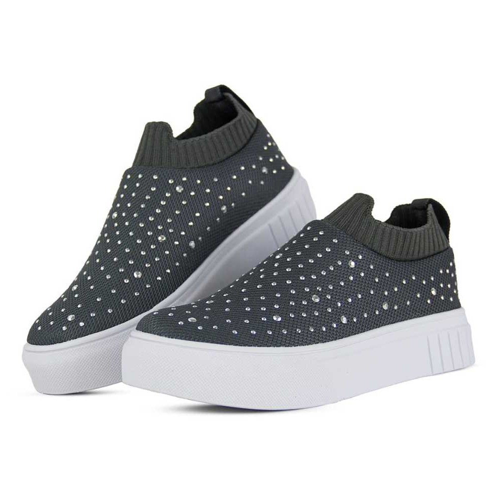 Tenis Meia Casual Feminino Cinza com strass tenis feminino meia casual com strass Tênis calca facil