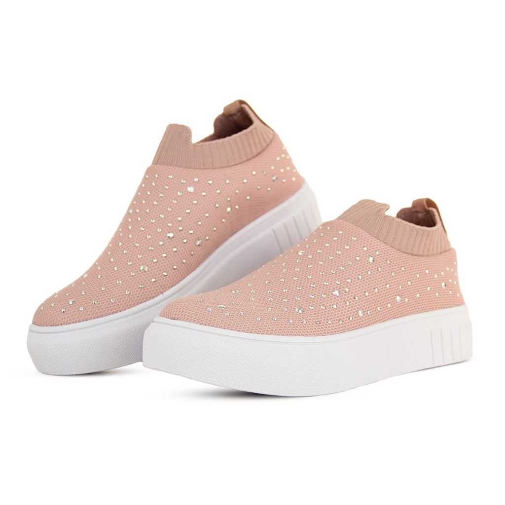 Tenis Meia Casual Feminino Nude com strass tenis feminino meia casual com strass Tênis calca facil