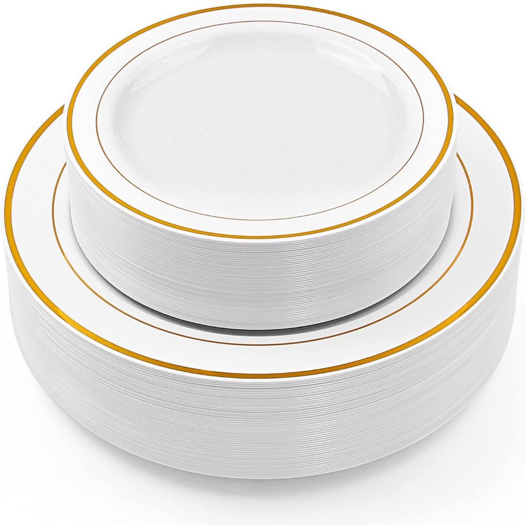 100Peças plástico descartável sobremesa dourada +pratos de jantar para 50 pessoas