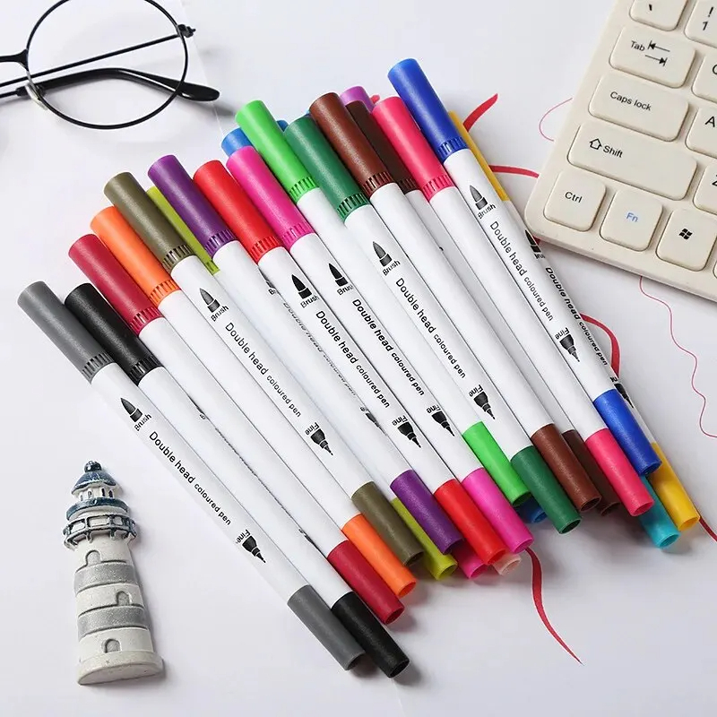 Kit Caneta Brush pen e fineliner Ponta Dupla - Marcador 2 em 1 Pincel e Ponta fina para Lettering