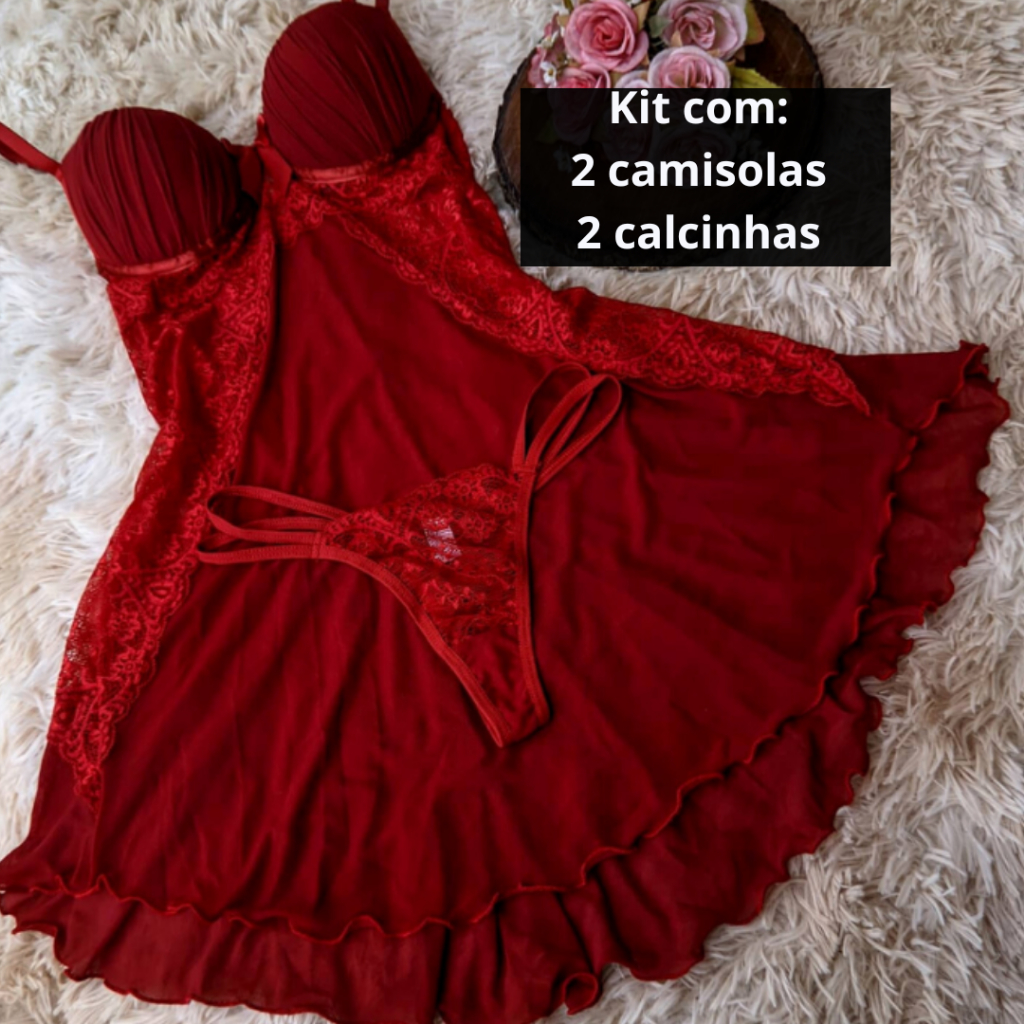 Kit 2 Camisolas com bojo confortável linha noite sensual e 2 calcinhas fio dental Camisola Franciele