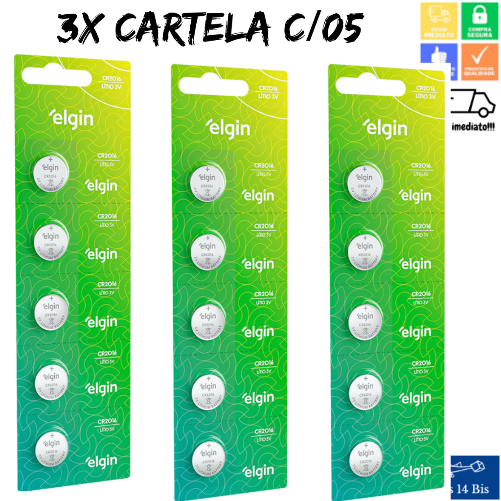 15 Pilhas Bateria CR2016 Tipo Moeda 3 Cartelas c/5 Baterias Energy Elgin em Oferta na Shopee