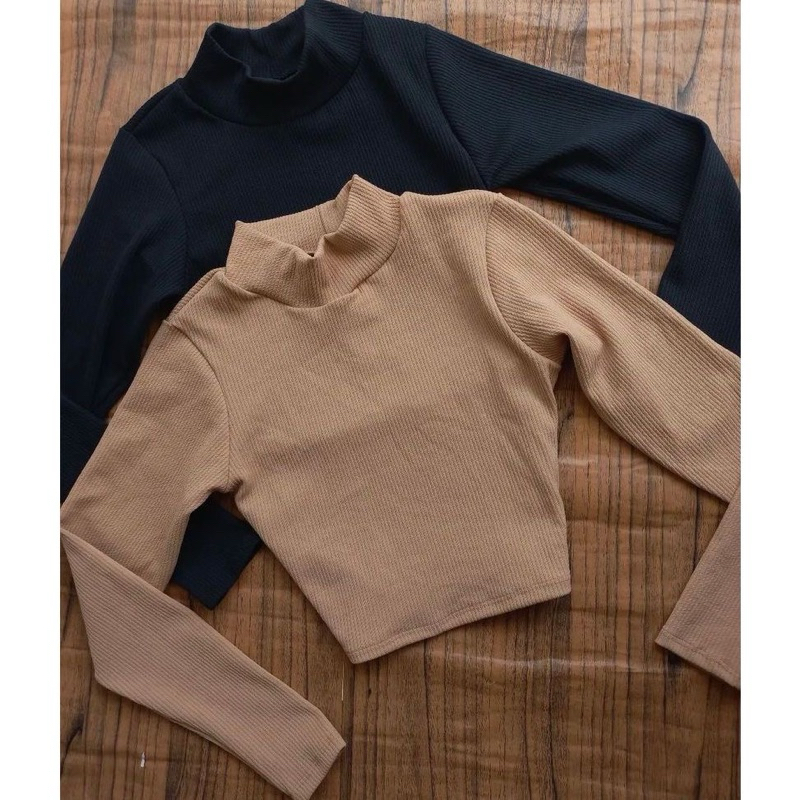 Cropped Feminino Manga Longa Gola Alta Anarruga Tendência Outono Inverno