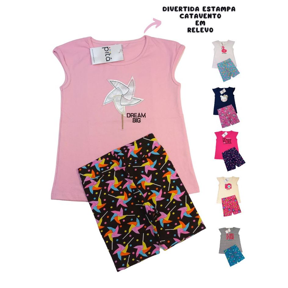 Roupa Infantil Conjunto Infantil Menina – Blusa Bata e Shorts Ciclista Tamanhos 04, 06 e 08 Lindas Estampas Confortável