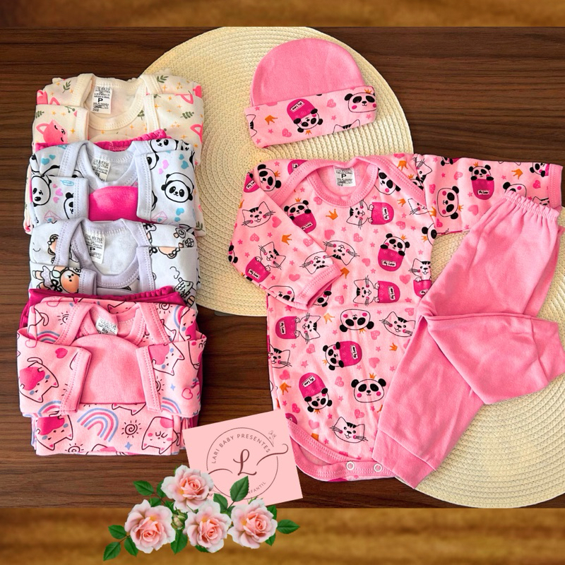 Pagão luxo com touca menina RN,P,M ou G - 1 body 1calça/mijão 1 touca - roupa para bebe feminina em Oferta na Shopee