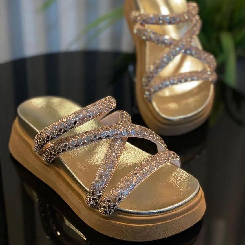 Sandália Flatform Birken Plataforma Brilho Conforto Brilho Bordada Papete