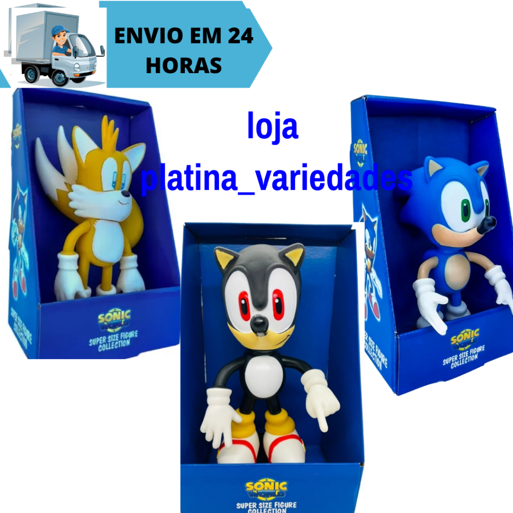 Combo Kit 3 Bonecos Sonic e Tails e Sonic preto Collection Grandes Articulado 23cm Super Size Sonic