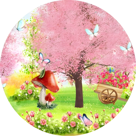 Painel Festa Infantil Redondo Floresta Aquarela Cereja Cogumelos e Borboletas + Arco, Suporte incluso. Fazemos personalizado com qualquer tema. Confeccionado em Lona fosca, impressão de alta resolução. cenário Circular p/ Decoração