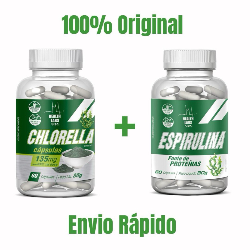 Chlorella + Espirulina (100% Original) 60 Cápsulas em Cada Frasco Health Labs