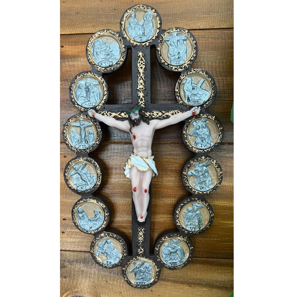 Crucifixo de Parede Vias Sacras Resina Católico imagem crucifixo