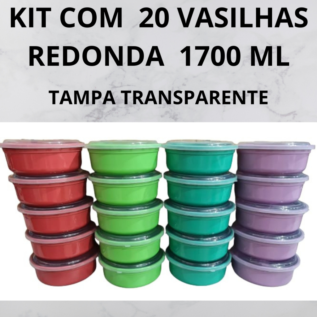 KIT C/ 20 VASILHAS  REDONDA 1500 ML TAMPA TRANSPARENTE