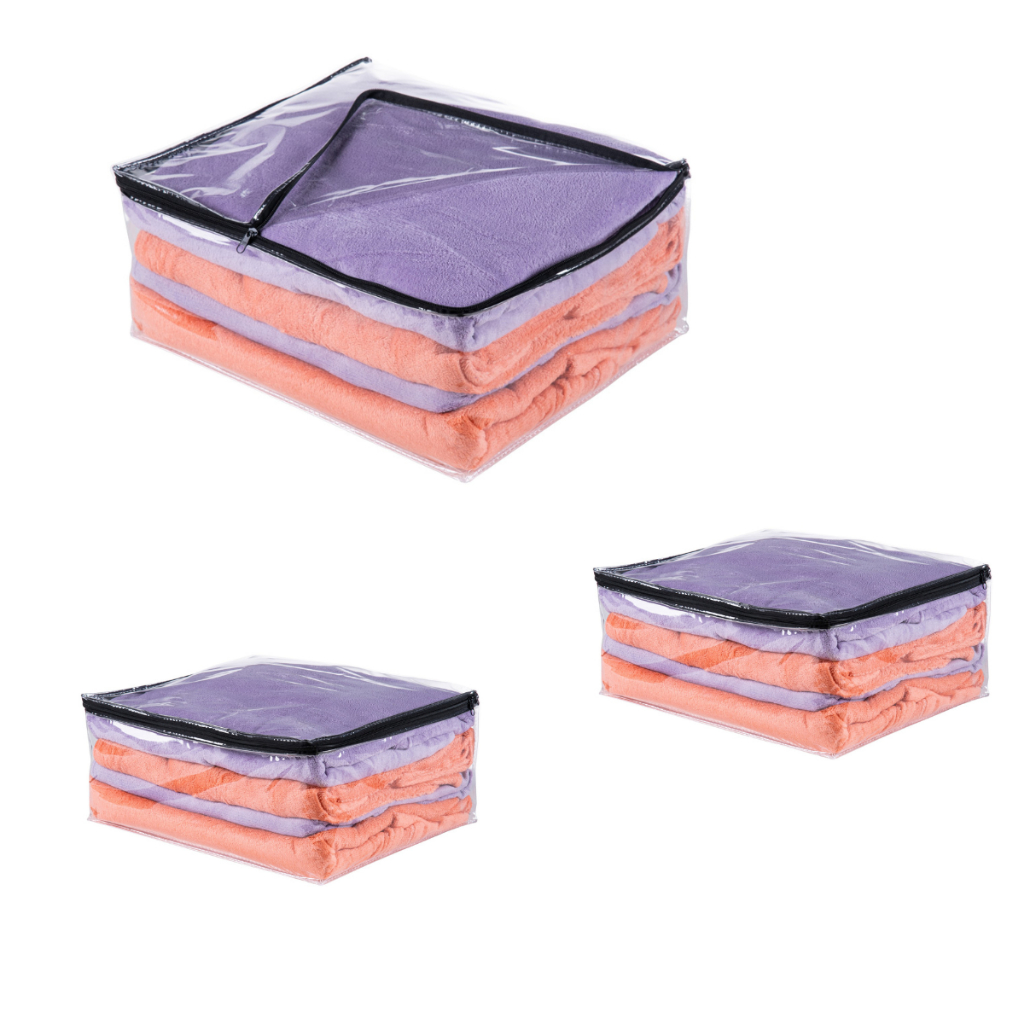 3 Saco Organizador Multiuso Embalagem Transparente Edredom Coberta Toalhas de Pvc e Ziper Preto