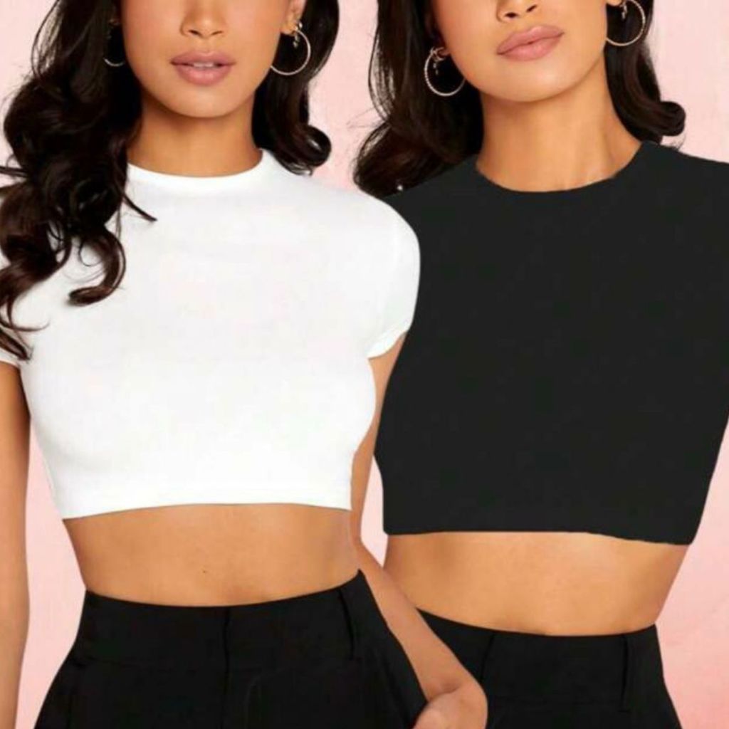 Kit 2 PEÇAS- Cropped Feminino Canelado Manga Curta Blusa Moda Blogueira