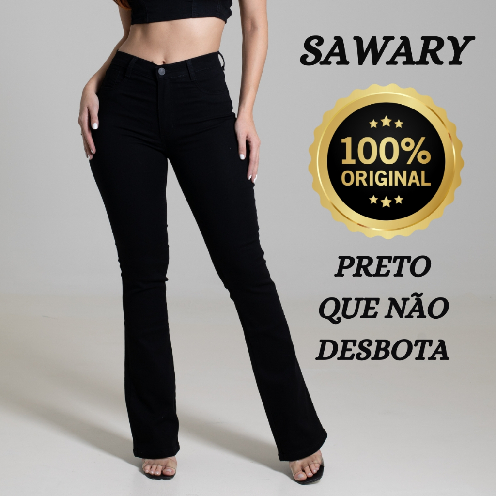 Calça Preta Feminina Sawary Jeans Original Boca de Sino Bootcut Flare Larga Moda Feminina Roupas