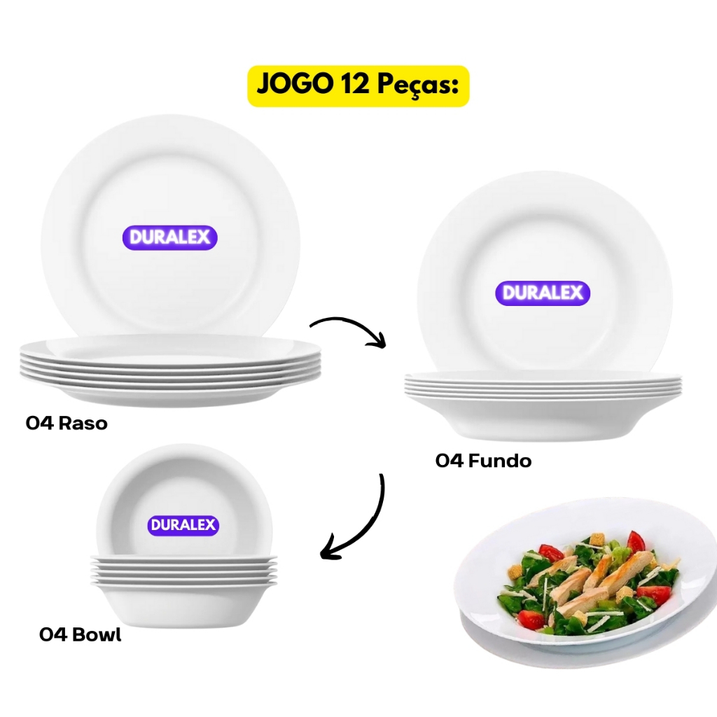 Jogo Kit 12 Peças 04 Pratos Branco Fundo Menu+04 Raso+04 Tigela Bowl Vidro Vita Duralex Almoço Jantar Temperado Refeição