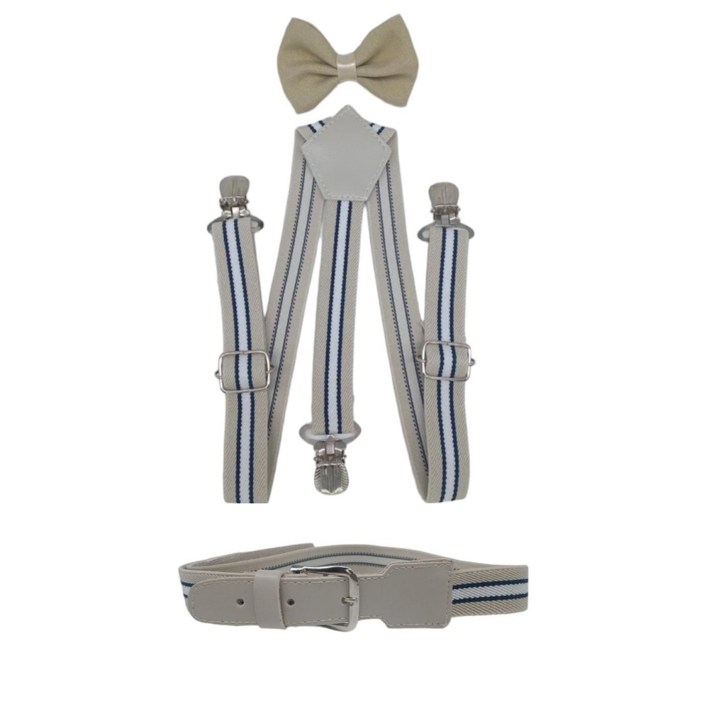 Kit Cinto De Elástico Infantil Ajustável Suspensório Bege Nude E Gravata Borboleta Social Festa Casamento Pajem Batizado