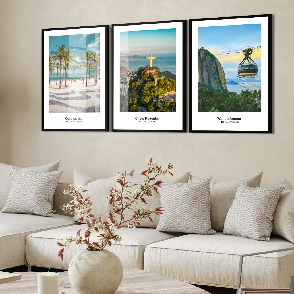 kit 3 quadros decorativos rio de janeiro cristo redentor praia mar baia de guanabara bondinho com molduras