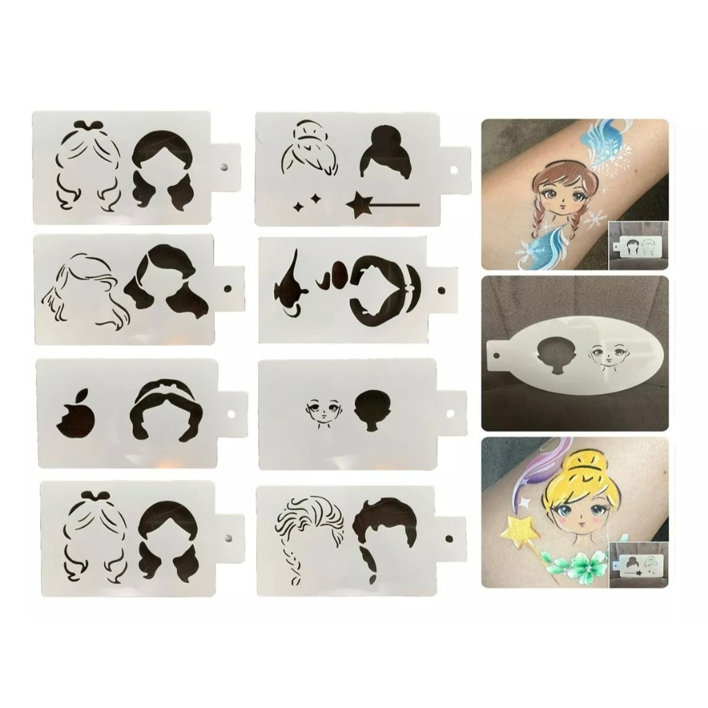 Stencil rosto bonecas Estêncil pintura corporal molde meninas princesas 8 peças 14x7.5cm
