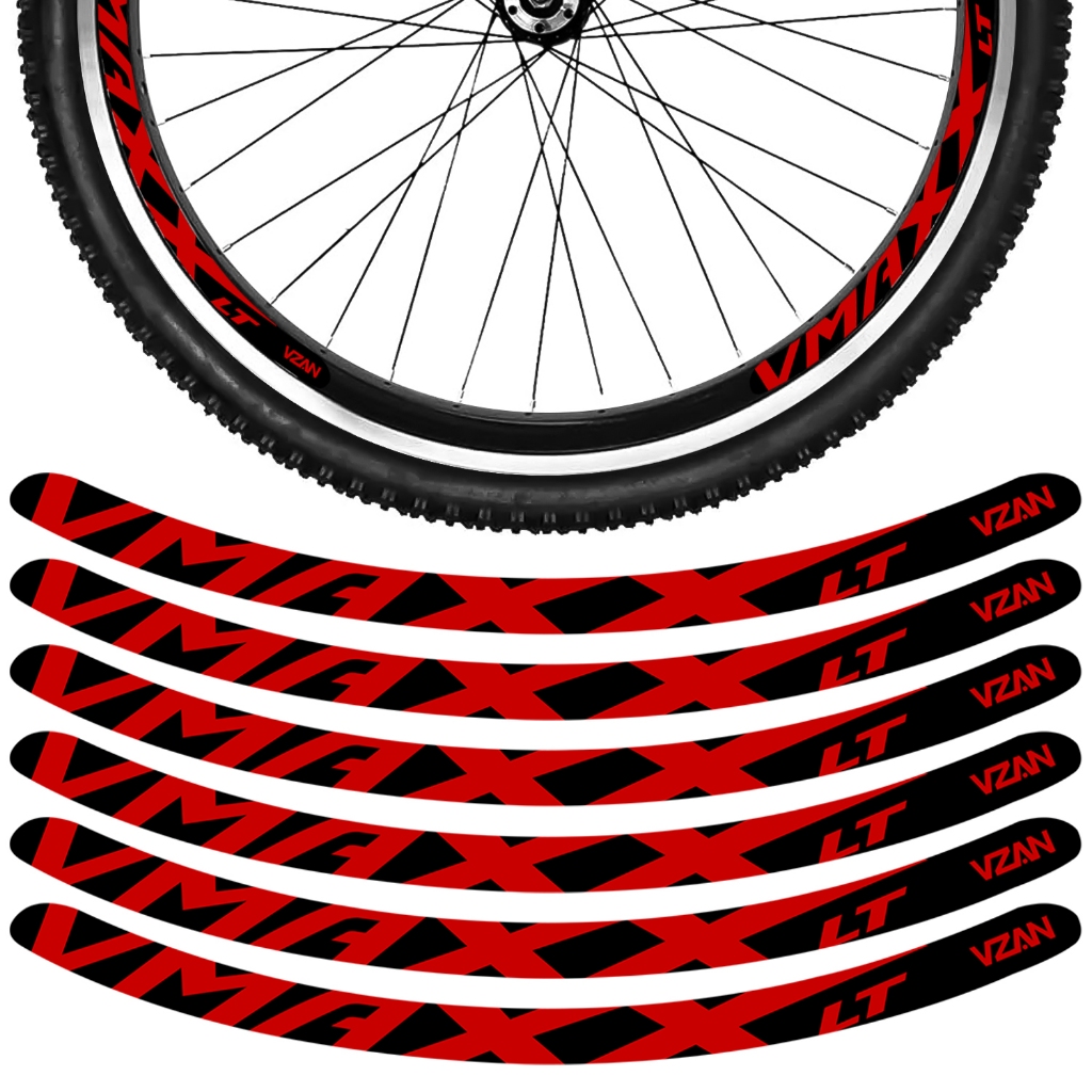 Kit 12 Adesivos Vmaxx Roda Bike Vzan Lt Vbrake Bicicleta Ciclismo Aro 24 26 29 Preto e Vermelho