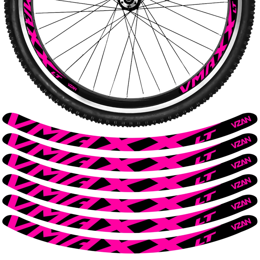 Kit 12 Adesivos Vmaxx Roda Bike Vzan Lt Vbrake Bicicleta Ciclismo Aro 24 26 29 Preto e Rosa