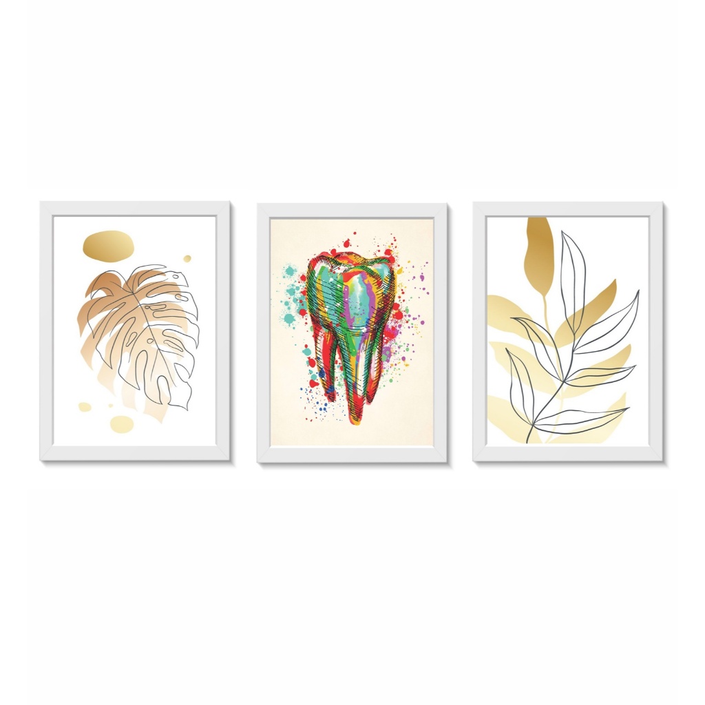 Kit 3 Quadros Decorativos Dente Aquarela Folhas Decoração Consultório Odontologico Molduras 20x30cm Madeira