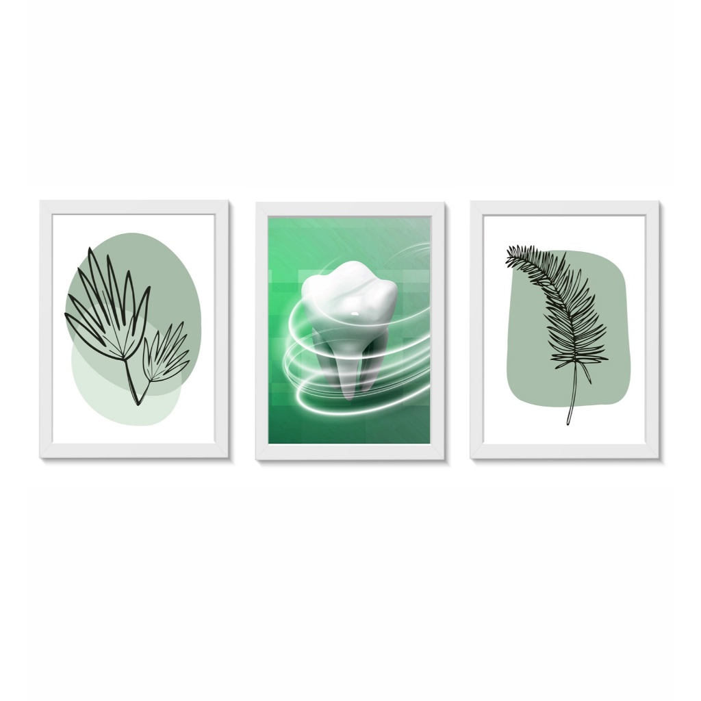 Kit 3 Quadros Decorativos Dente Folhas Decoração Consultório Odontologico Molduras 20x30cm Madeira