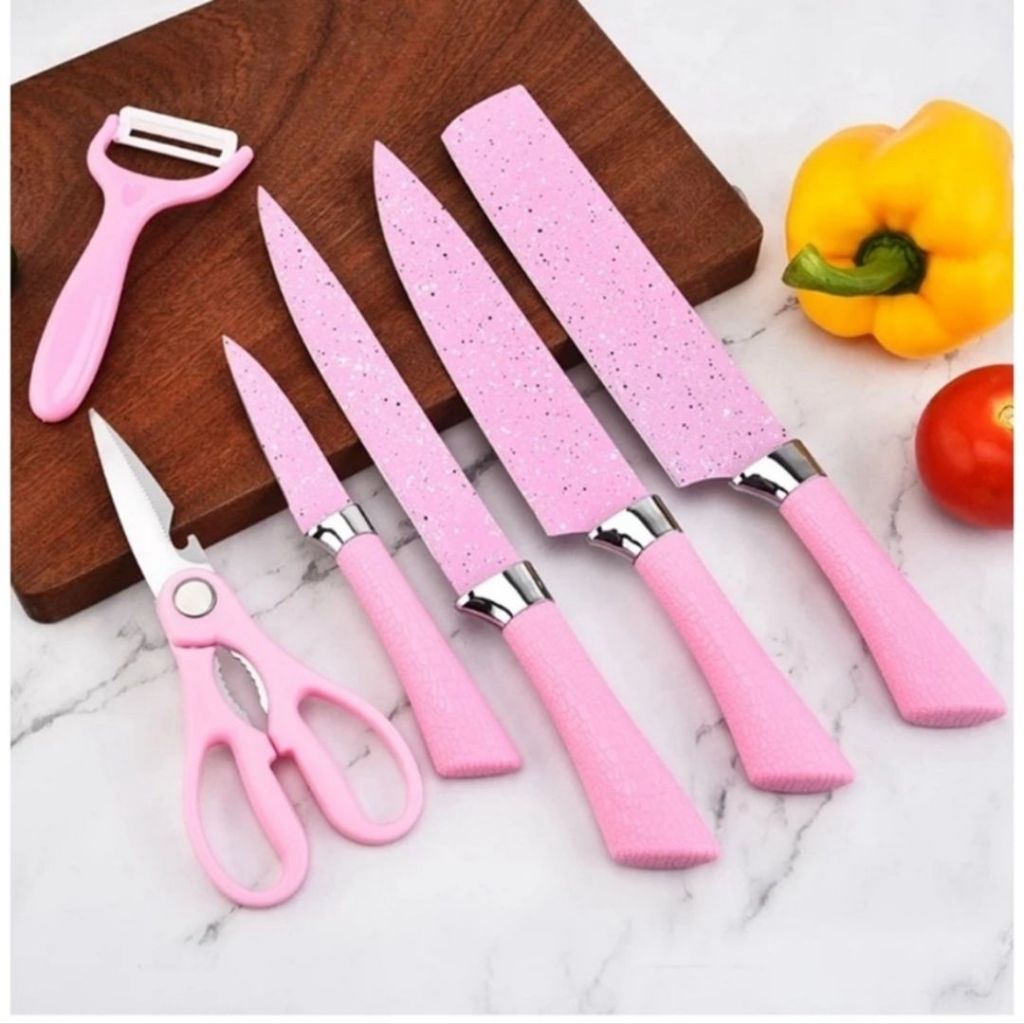 Jogo De Facas Inox Descascador E Tesoura 6 Peças Artigos De Cozinha Rosa Preta