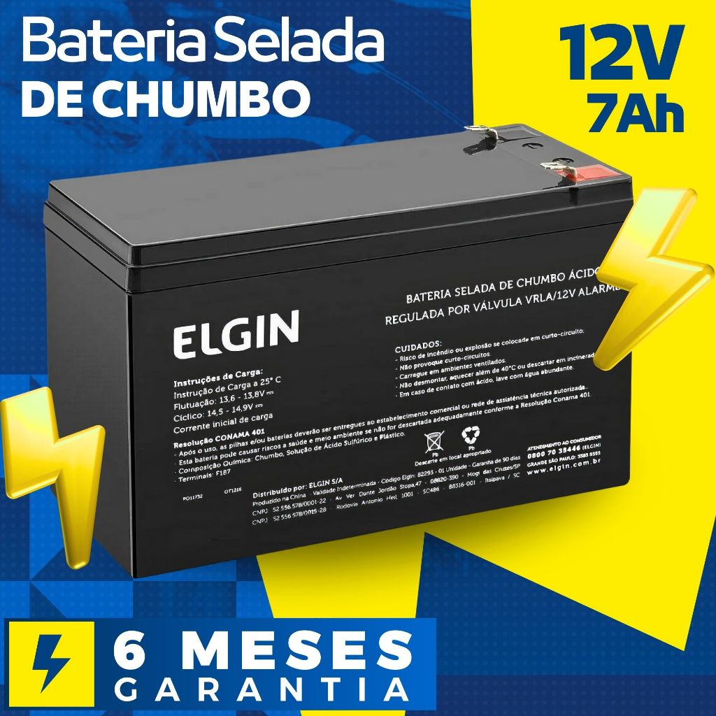 Bateria Selada 12V 7Ah Alta Durabilidade Vrla Elgin Original para Central Cerca Elétrica Nobreak Segurança Porta CFTV