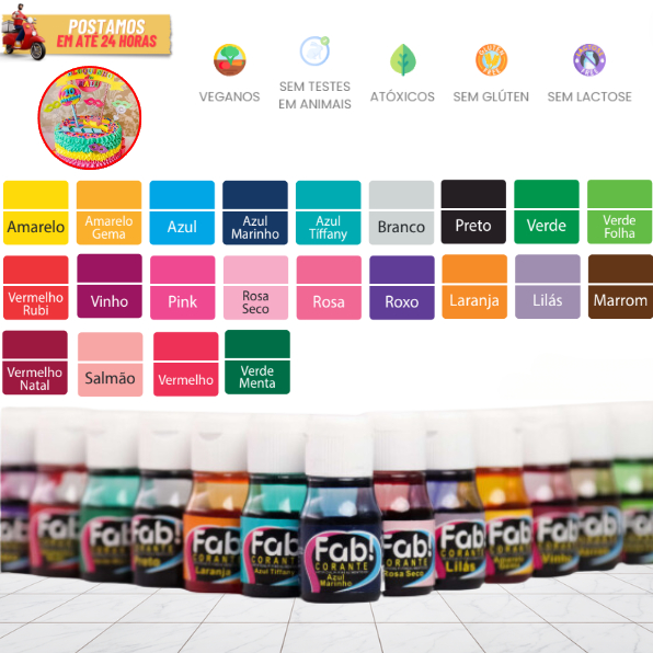 Corante Líquido Anelina FAB 10ml Cores Alimentício Líquido Para Bolo Glacê Confeitaria