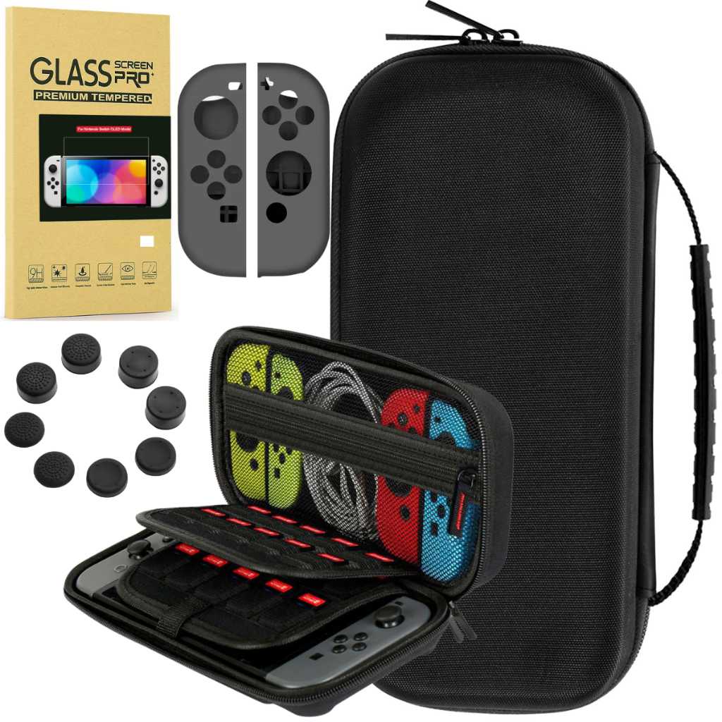 Kit Case Nintendo Switch Oled Pelicula Grip Silicone Joy Con