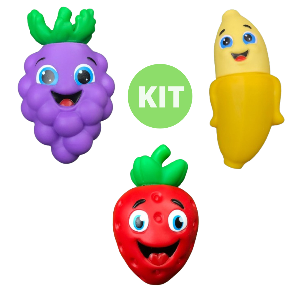 Kit Chocalho Mordedor Para Bebê Macio Barulho Suave Frutas Infantil Morango Uva Banana Dentição Gengiva em Oferta na Shopee