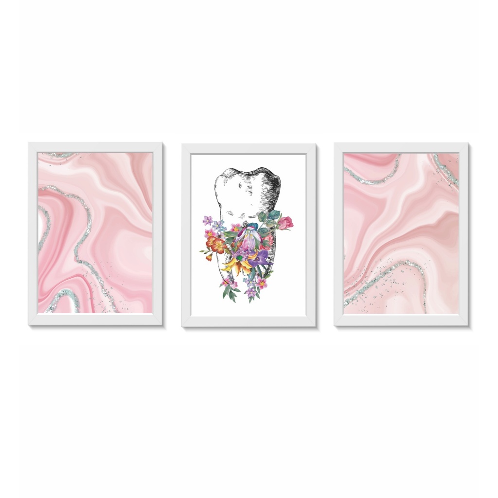 Kit 3 Quadros Decorativos Dente Florido Consultório Odontologico Moldura 20x30cm Madeira