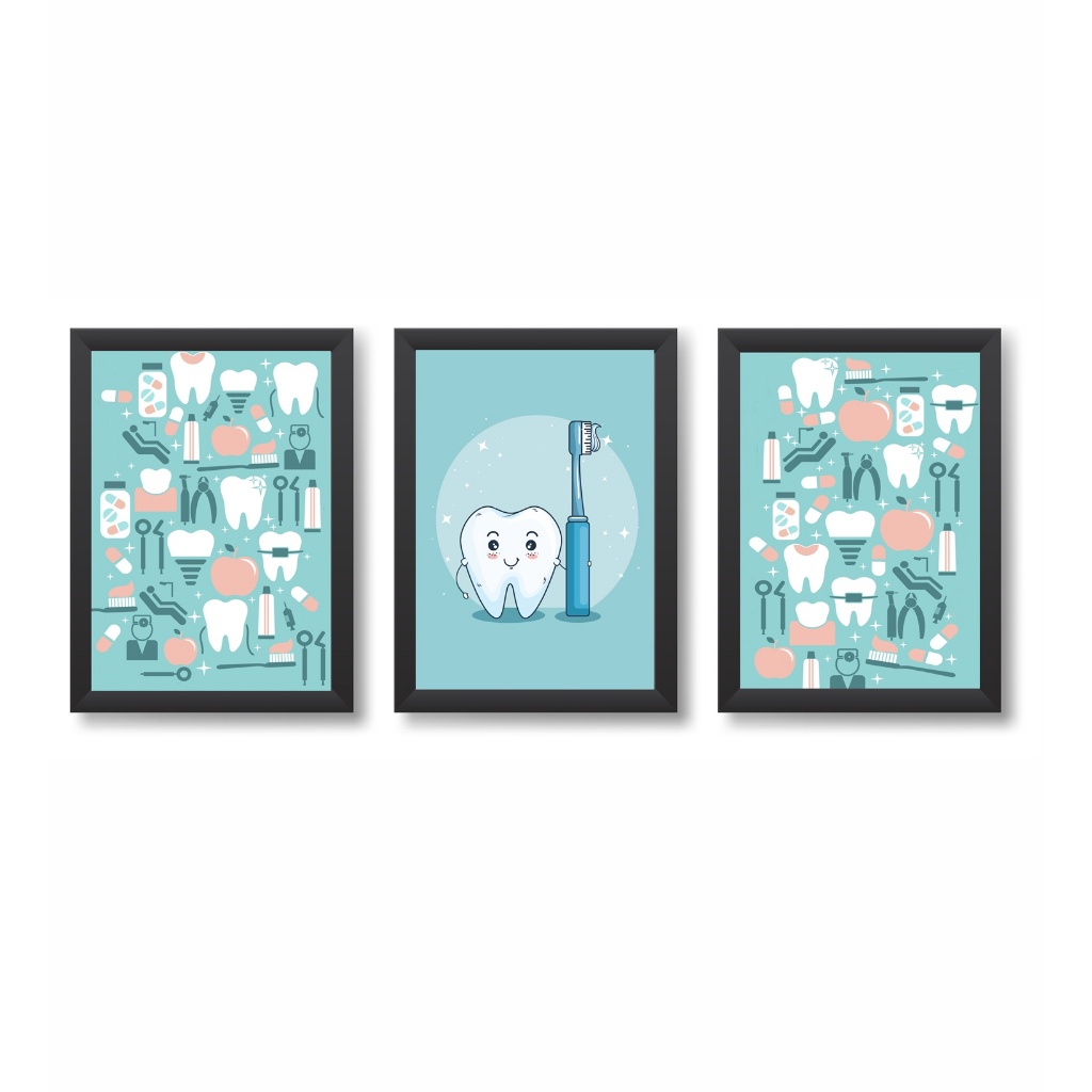 Kit 3 Quadros Decorativos Dente Escova Decoração Consultório Odontologico Moldura 20x30cm Madeira