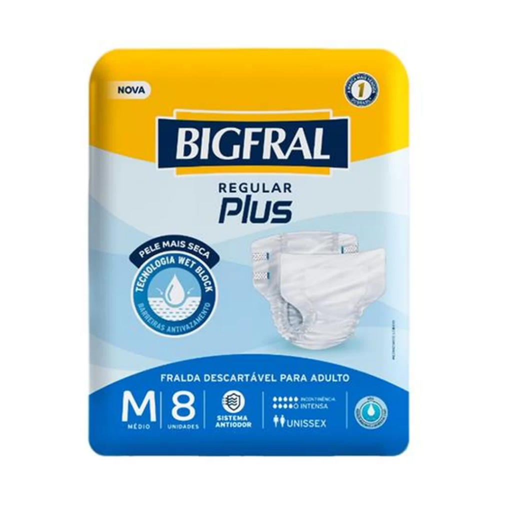 Fralda Descartável Geriátrica/Adulto Bigfral Regular Plus Tamanho M - com 8 Fraldas