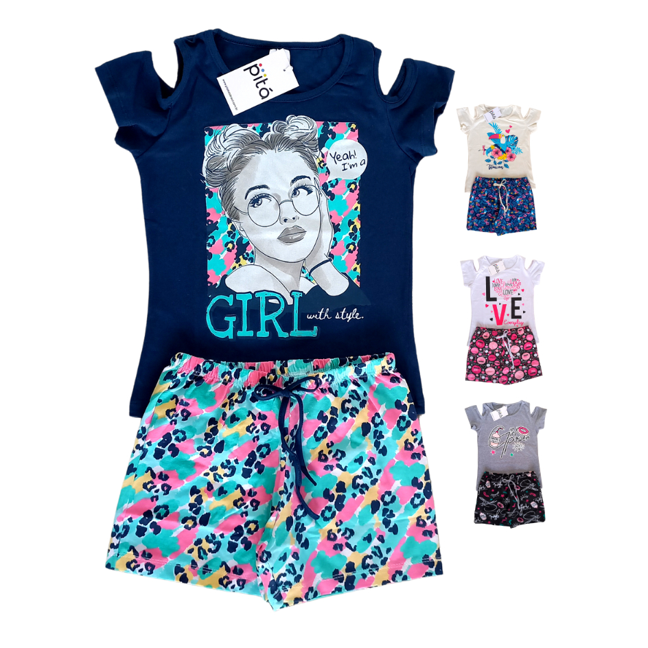 Roupa Infantil Conjunto Infantil Menina – Blusa Abertura Ombro Shorts Tamanhos 10 e 12 Lindas Estampas