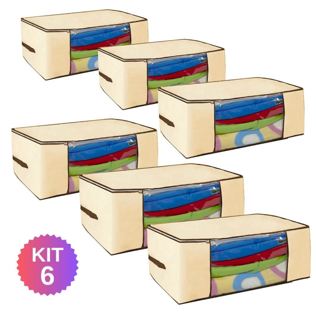 kit 6 Caixa Organizadora de guarda roupa coberta Creme