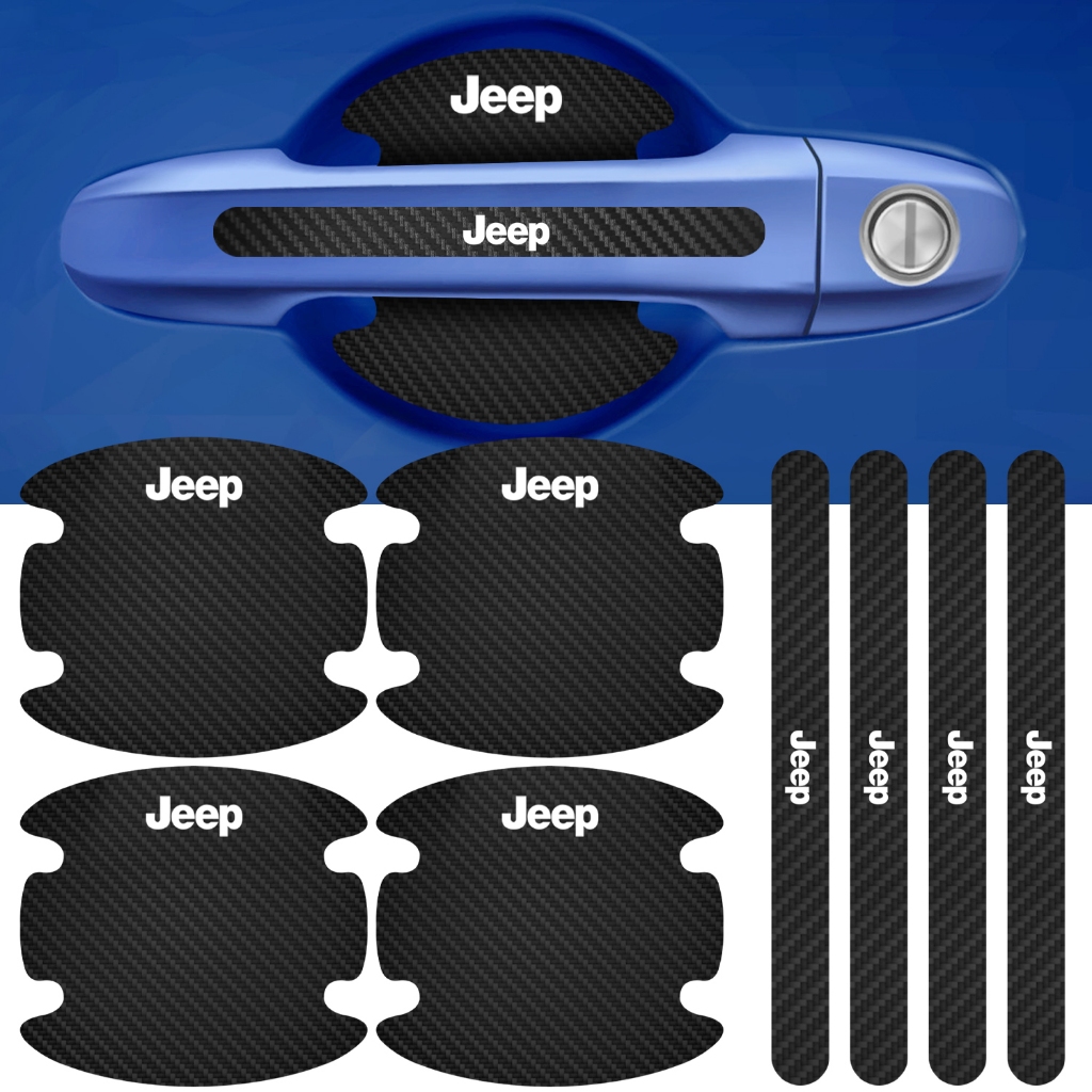 Kit 8 Peças Adesivo Protetor Porta Compatível Jeep Fibra de Carbono Carro Anti Arranhões