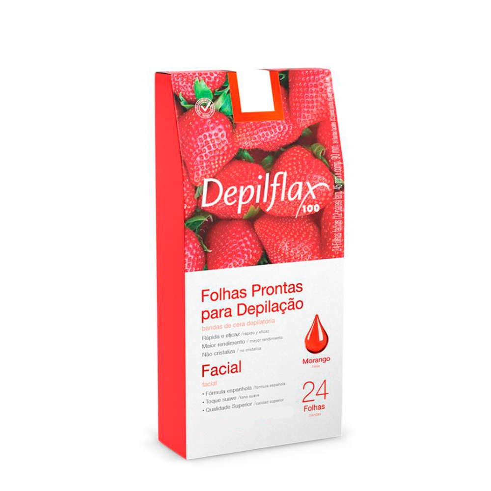 Folhas Prontas Depilatórias Faciais para Depilação Depilflax Morango Com 24 Folhas