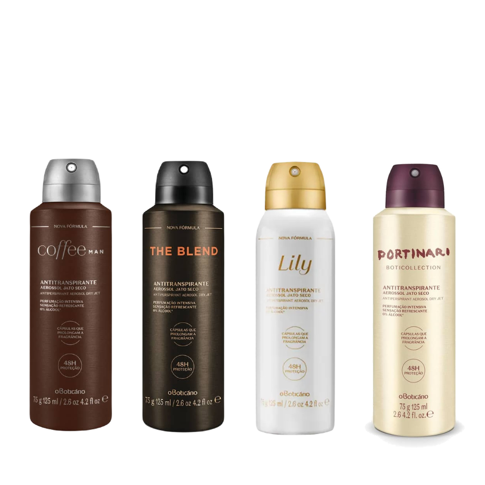 oBoticário Desodorantes Aerossol Jato Seco (75g, 125ml): The Blend, Coffee Man, Lily, Portinari, Men e Liz