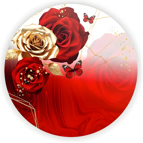 Painel Festa Infantil Redondo Rosa Vermelha Dourada Borboleta Vermelha detalhes Dourado + Arco, Suporte incluso. Fazemos personalizado com qualquer tema. Confeccionado em Lona fosca, impressão de alta resolução. cenário Circular p/ Decoraçõe