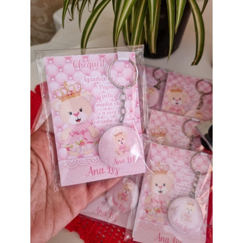 kit Lembrancinha Maternidade Ursinha Princesa Bloquinhos + Chaveiros Personalizados Rosa Lembrança Nascimento