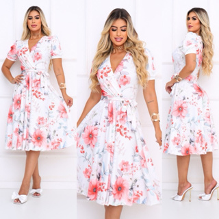 Vestido Midi Feminino Branco Floral Rodado Manga Princesa Gode Elegante Moda Evangélica Jovem em Oferta na Shopee