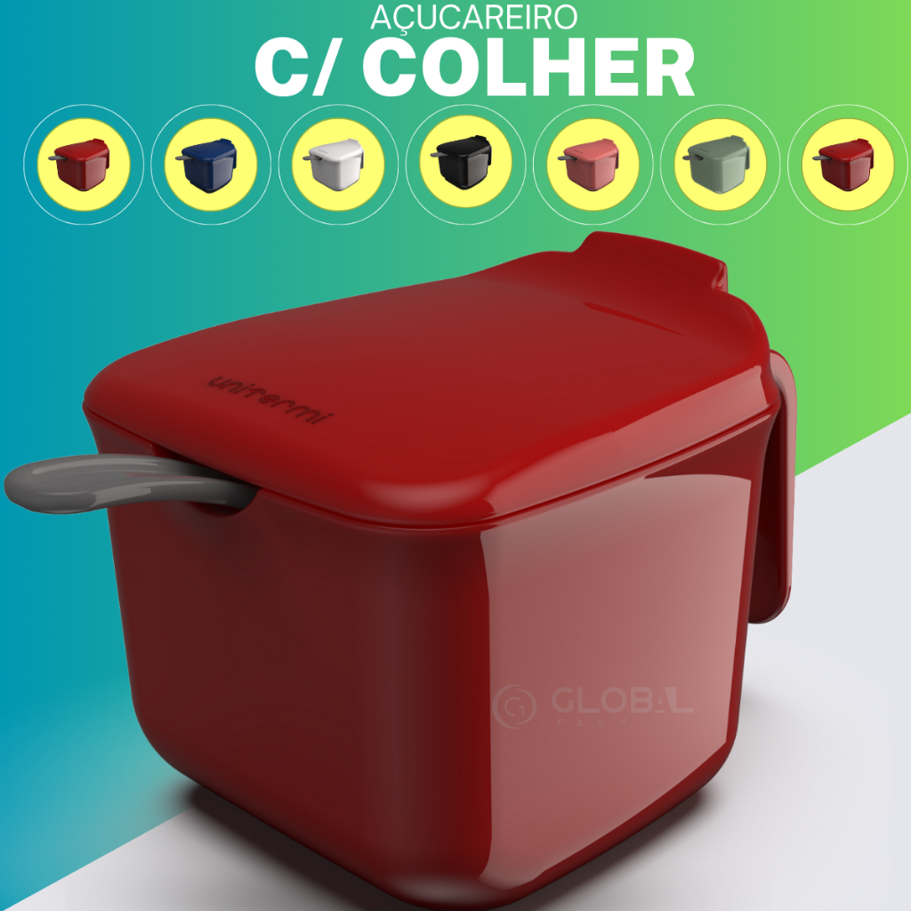 Açucareiro Com Colher, 350ml, unitemi Tampa Fixa, Fácil Limpeza, Design Clean, Cozinha várias Cores